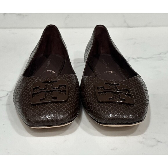 Tory Burch Ballet Flats 10.5 Georgia Square Toe Snakeskin Embossed Leather Brown - Picture 4 of 13